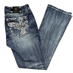 MISS ME Signature Slim Boot Cut Jeans Size 28 X 32 White Leather Cross Wings